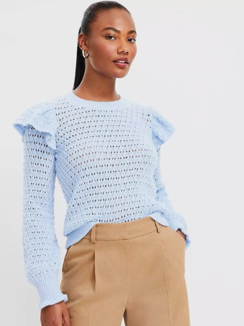 LOFT Baby Blue Pointelle Knit Ruffle Shoulder Sweater XS